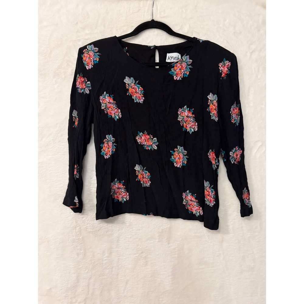 Krush of California Vintage Floral Blouse Womens Medium Black Rose Long Sleeve